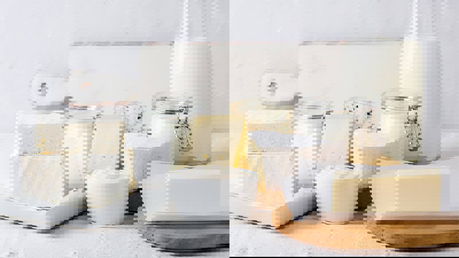 A range of dairy products including cheese, milk, butter, yoghurt